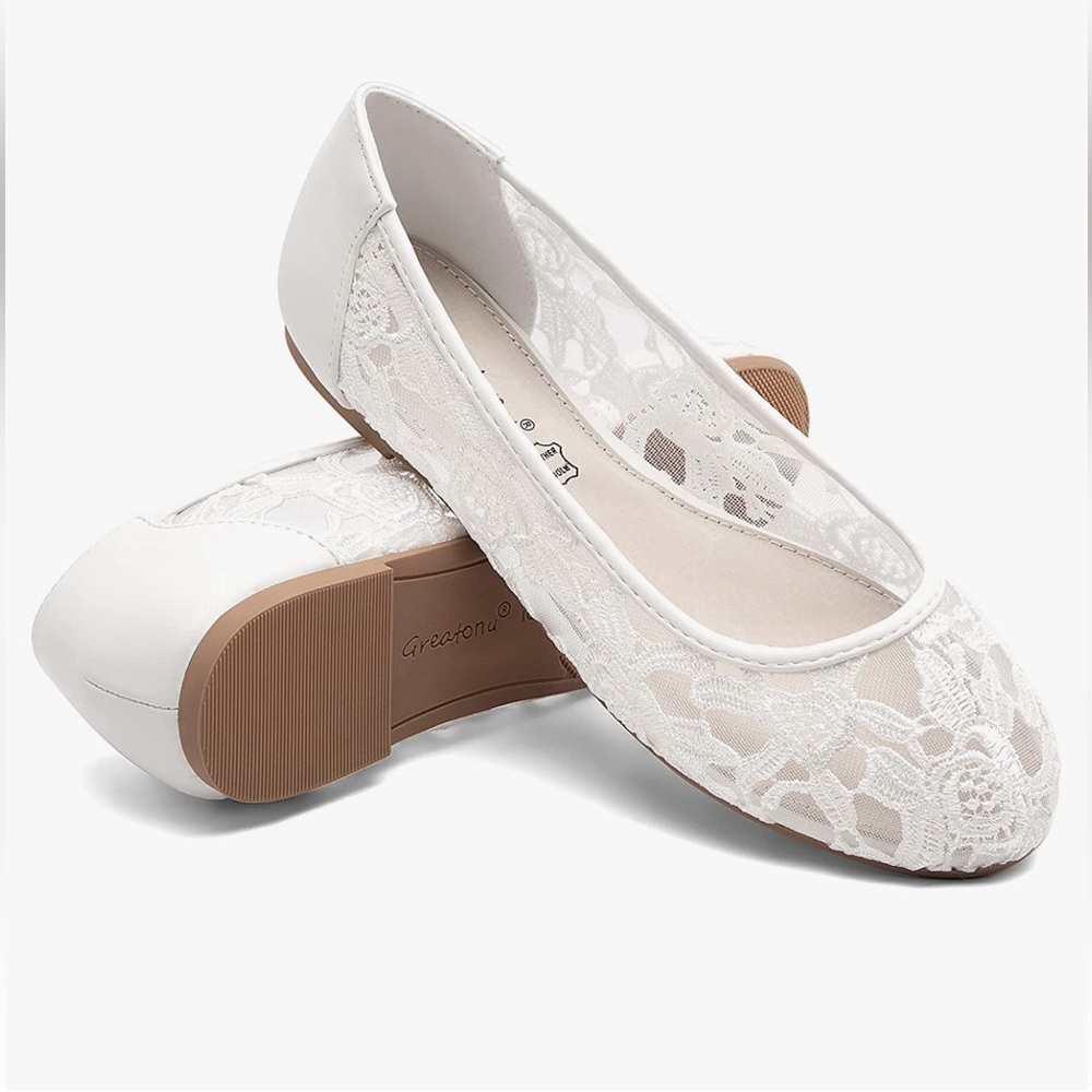 Greatonu White Floral Lace Mesh Leather Lining Ballet Flats Woman’s EU40 US9